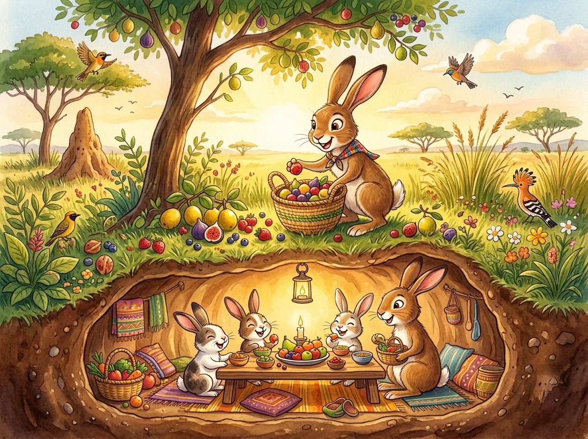Scene 6: Tsuro peacefully gathered all the fallen fruits and shared a hearty meal with his family.