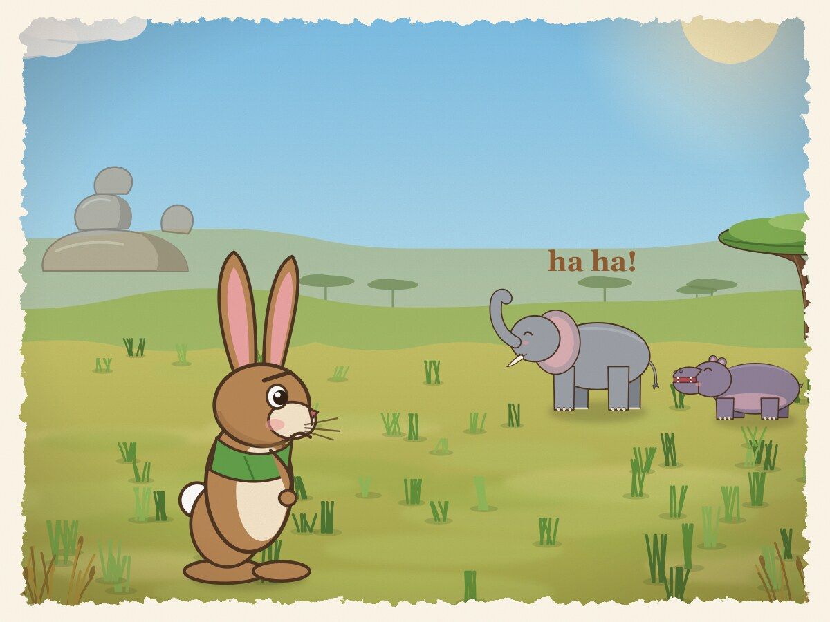 Scene 1: A long, long time ago, Tsuro the Hare was tired of the big animals laughing at him for being small and weak.