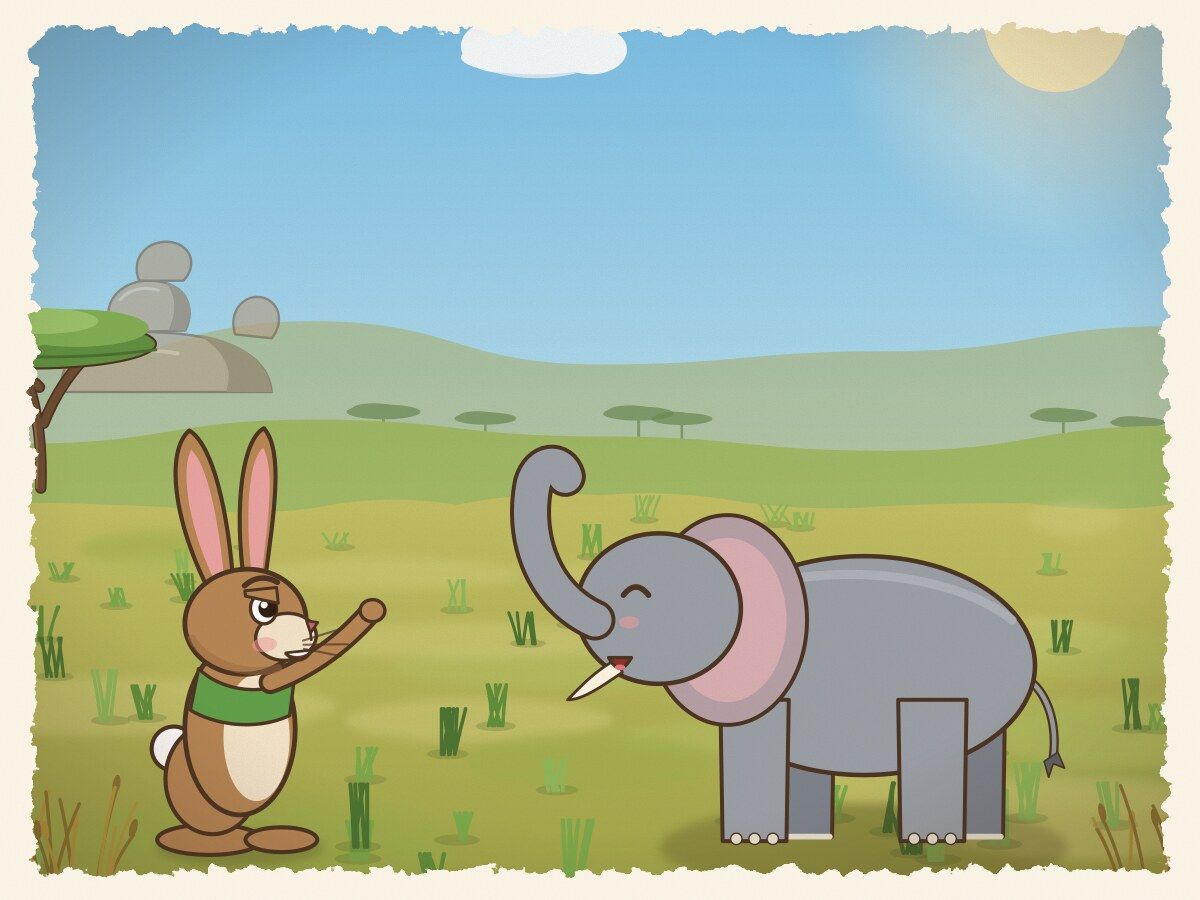 Scene 2: He went to Nzou the Elephant and said, "I am stronger than you! Let us have a tug-of-war tomorrow." Nzou laughed and laughed.