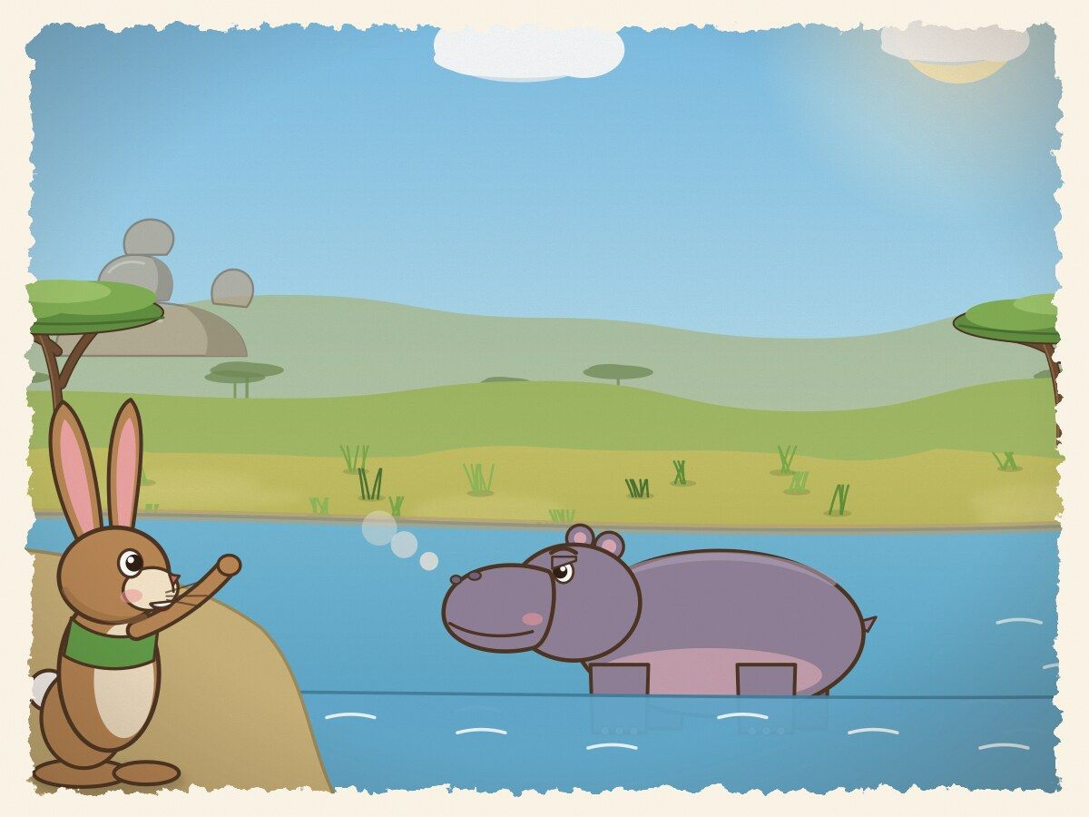 Scene 3: Then Tsuro hopped down to the river and said the very same thing to Mvuu the Hippo. Mvuu snorted and agreed.