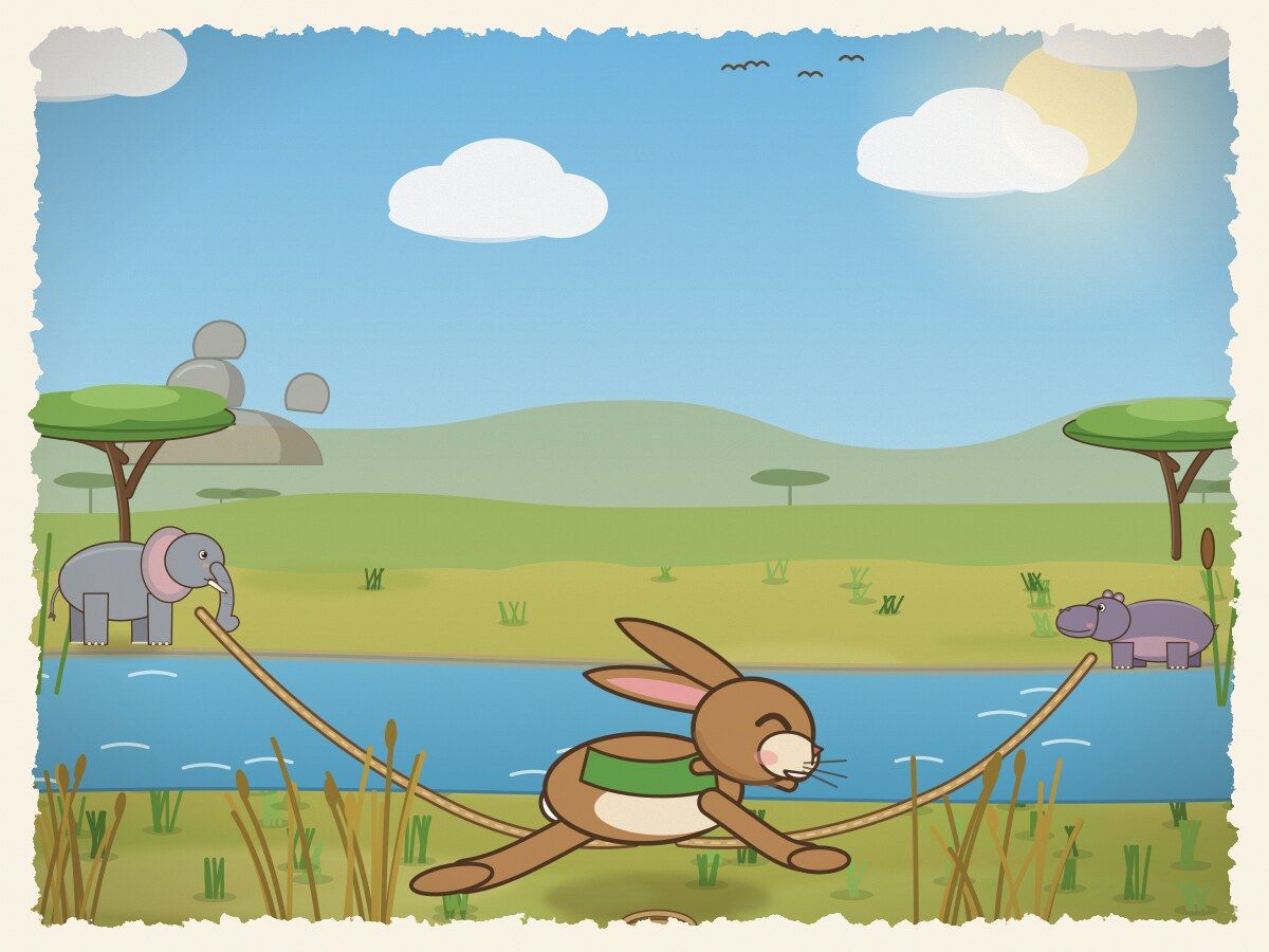 Scene 4: The next morning, Tsuro brought a long, strong rope. He gave one end to Nzou, then carried the other end down to Mvuu at the river.