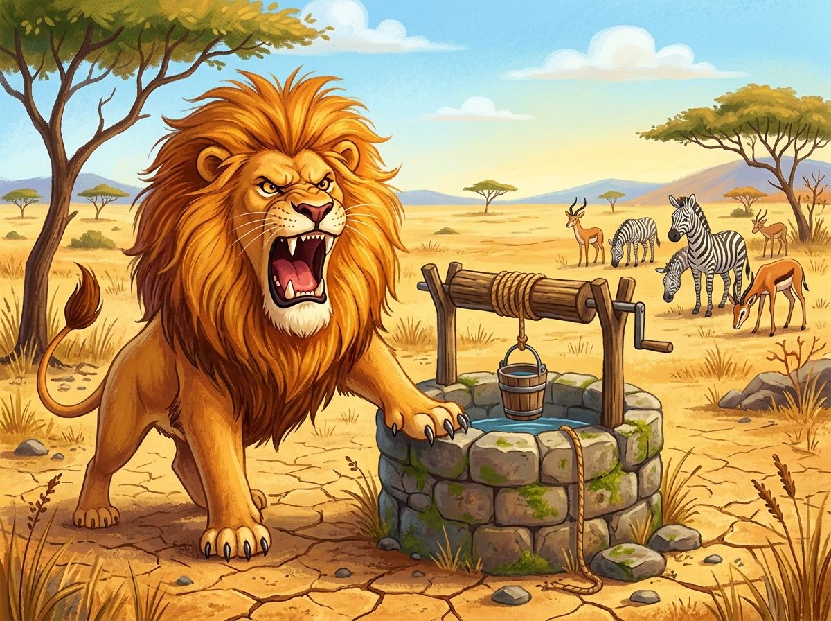 Scene 2: Fierce, grumpy Shumba claimed the only remaining well was his alone, threatening any animal who came for a sip.