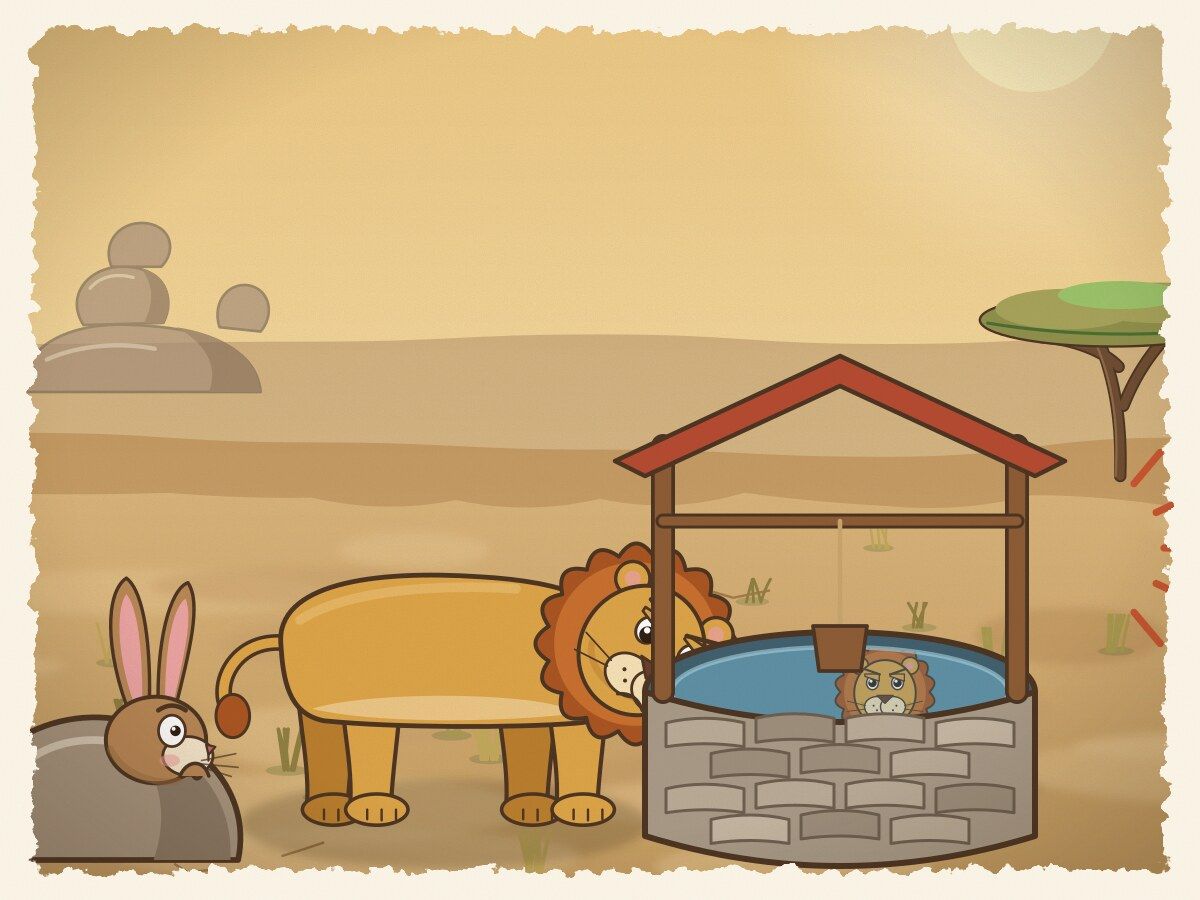 Scene 5: Shumba roared in fury! He marched to the well, looked inside, and saw his own furious reflection scowling back.